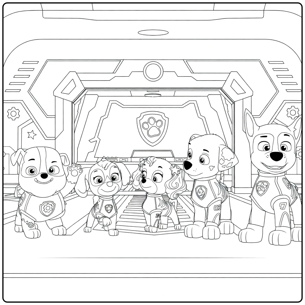 Vijf puppies staand in een rij met formele pakken en neon accenten voor een boogdeur Paw Patrol Seizoen 9 Kleurplaat