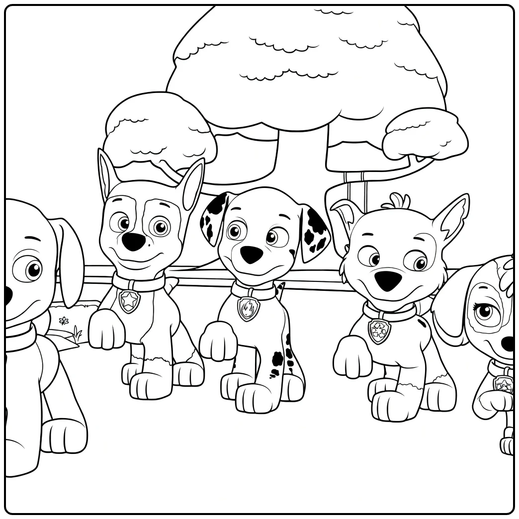 Paw Patrol Seizoen 5 Kleurplaat met vijf puppy's met halsbanden en badges