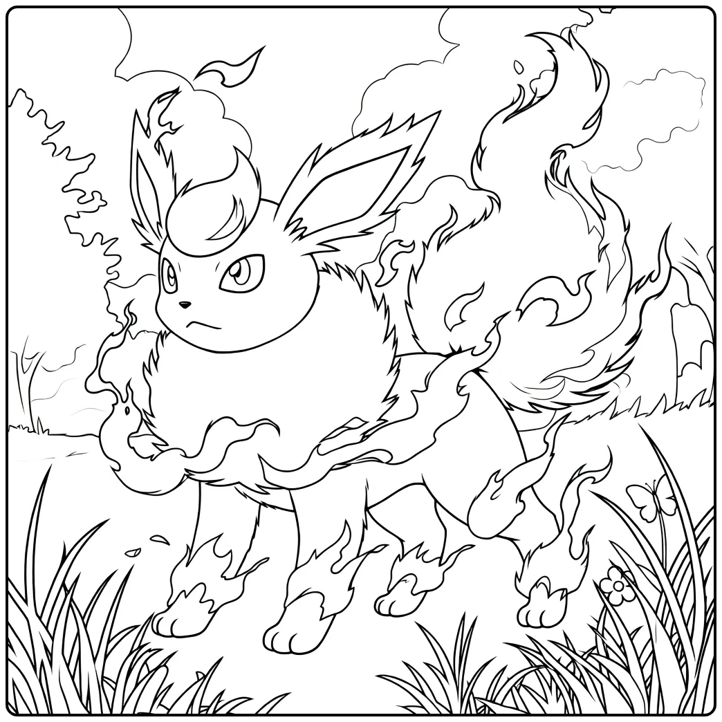 Flareon Kleurplaat van een vosachtige met vlammen op kop, nek en staart in het gras