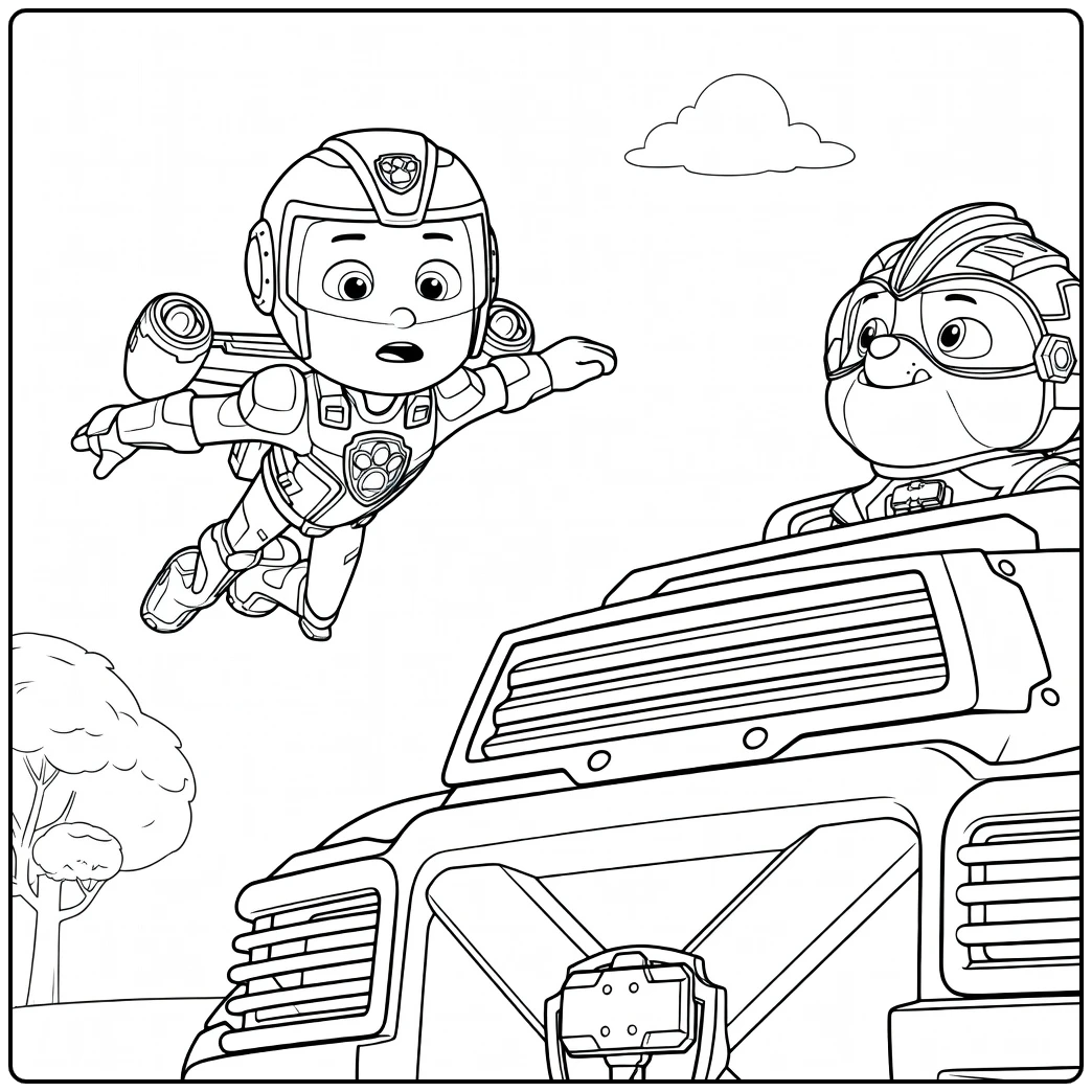 Vliegend kind met jetpack links en wasbeerachtig dier in voertuig rechts Paw Patrol Seizoen 6 Kleurplaat