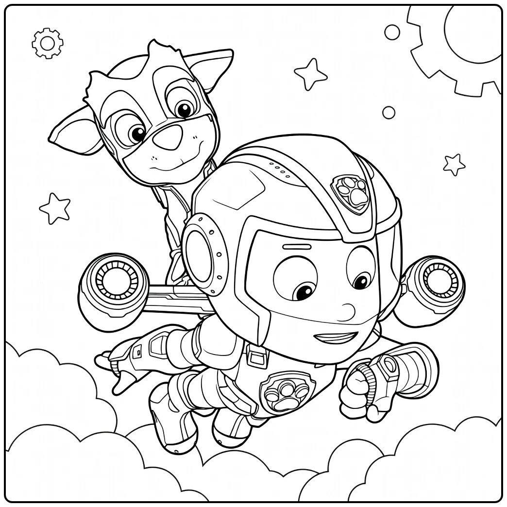 Twee personages vliegen dynamisch met jetpack en apparaat in Paw Patrol Seizoen 6 Kleurplaat