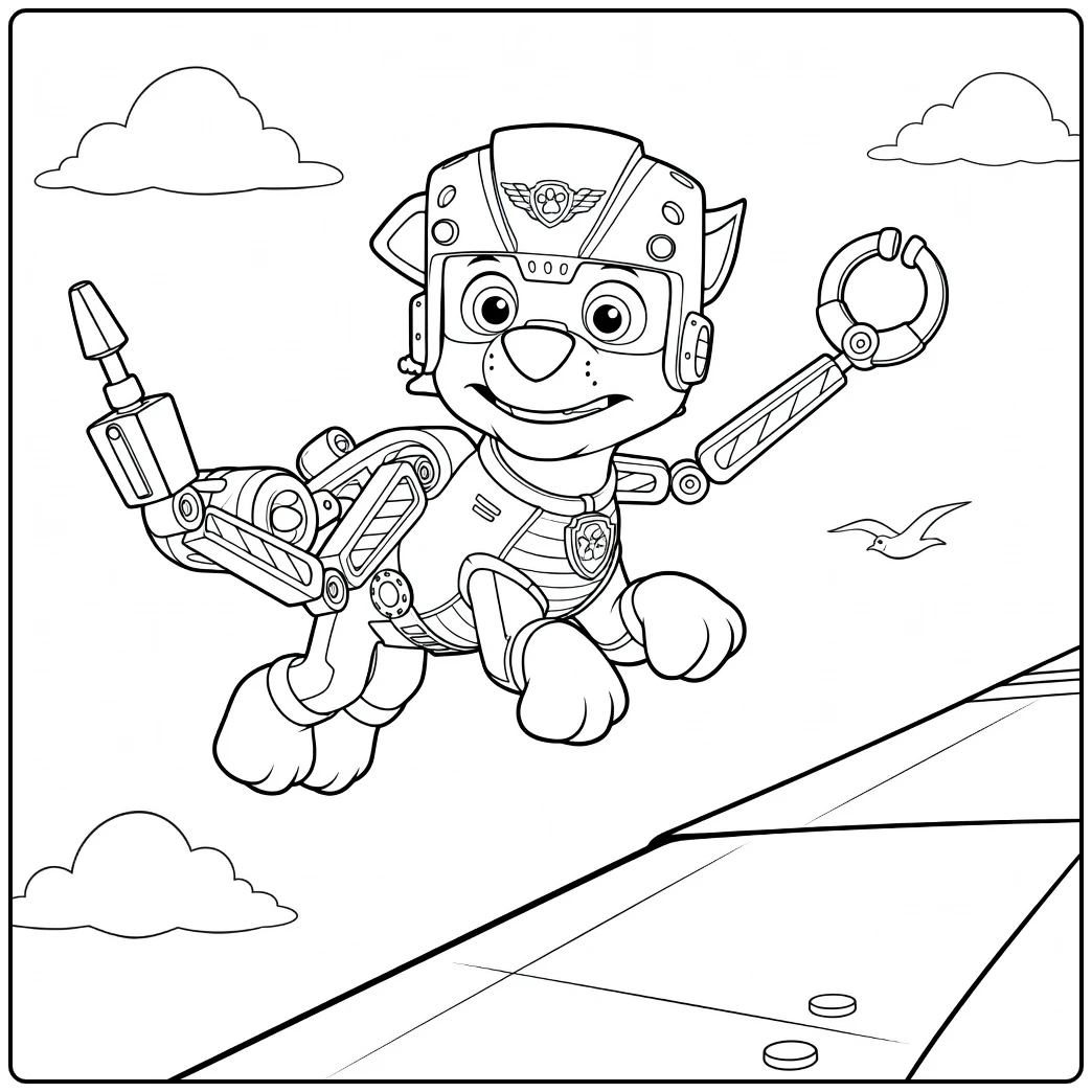 Paw Patrol Seizoen 11 Kleurplaat met een vliegende antropomorfe hond in helm en pak met robotarm
