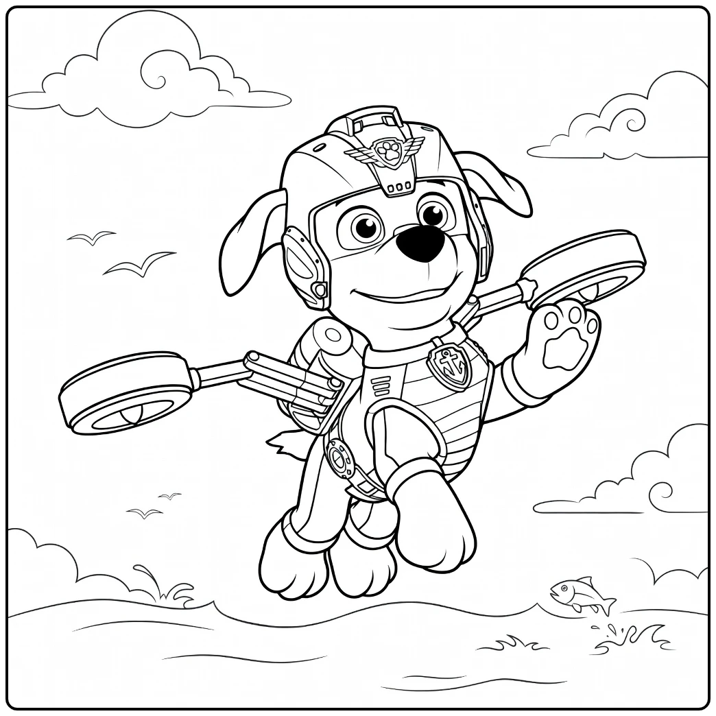 Paw Patrol Seizoen 11 Kleurplaat met een vliegend dier met oranje helm en armstraaljagers