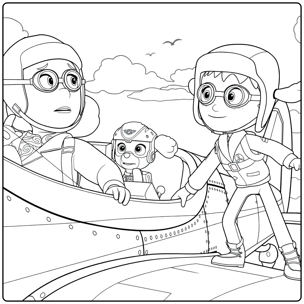 Paw Patrol Seizoen 11 Kleurplaat met een meisje in de cockpit, een hond en een jongen op de vleugel van een vliegtuig