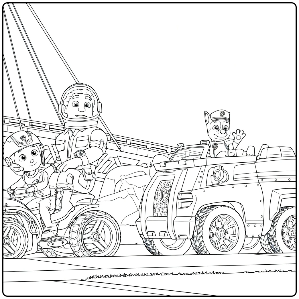 Paw Patrol Seizoen 11 Kleurplaat met een kind dat een voertuig bestuurt naast een hond in politie-uniform.