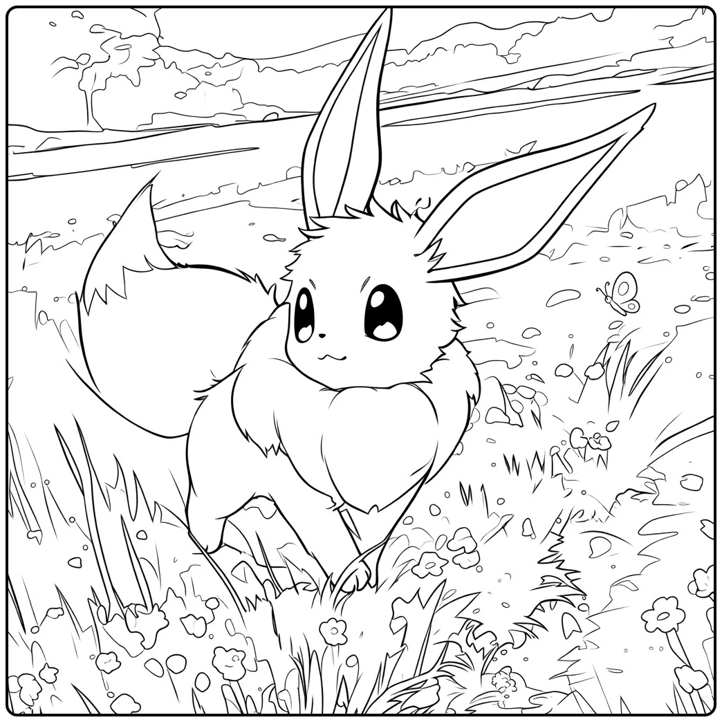 Eevee Kleurplaat van een vosachtig dier dat op vier poten staat in een grasveld met bloemen