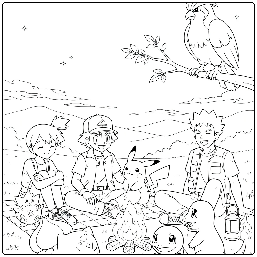Drie jongeren en zes kleine wezens rond een kampvuur met bergen op de achtergrond Pokemon Kleurplaat