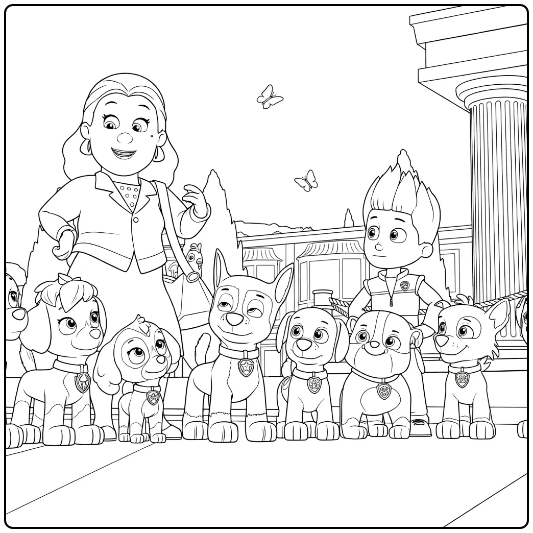 Paw Patrol Seizoen 7 Kleurplaat van een vrouw en jongen met puppies voor een klassiek gebouw