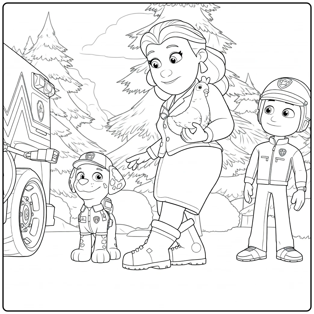 Paw Patrol Seizoen 12 Kleurplaat met een vrouw die een kip vasthoudt, een hond links en een jongen rechts op het gras.