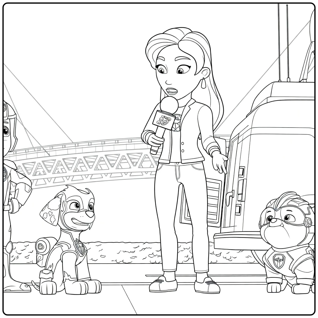 Paw Patrol Seizoen 6 Kleurplaat met een vrouw die in een microfoon spreekt terwijl gepantserde hondenfiguren naast haar staan en een groot voertuig op de achtergrond.