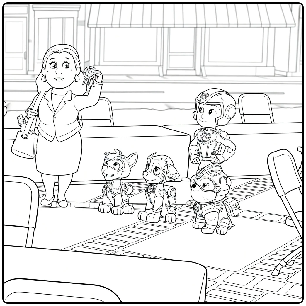 Paw Patrol Seizoen 6 Kleurplaat met een vrouw die een medaille omhoog houdt voor vier honden in pakken.