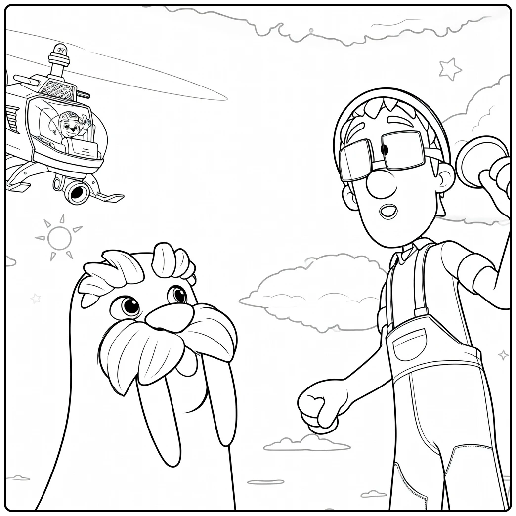 Walrus kijkt omhoog terwijl de jongen de bel vasthoudt naast een helikopter in Paw Patrol Seizoen 12 Kleurplaat