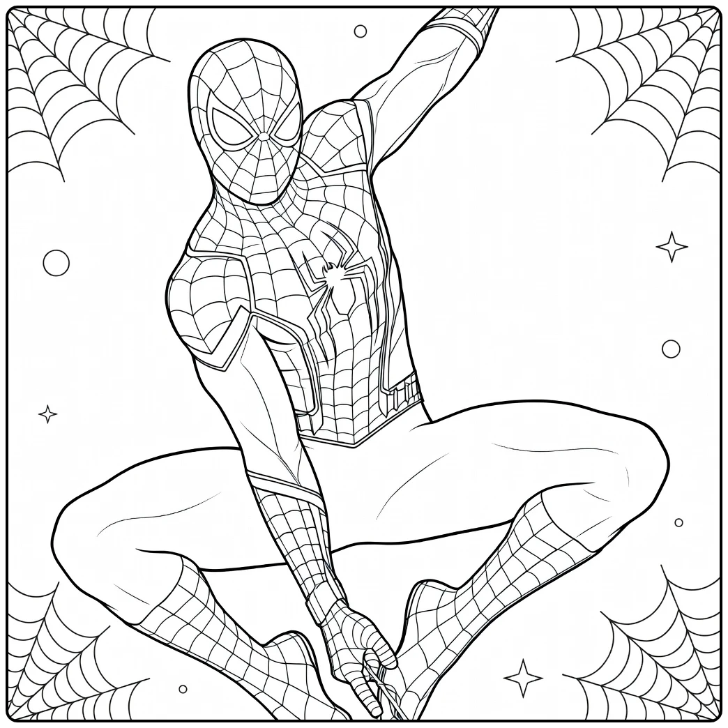 Spiderman Kleurplaat van een maskerheld in webpak die hurkt met één arm hoog en de andere omlaag.