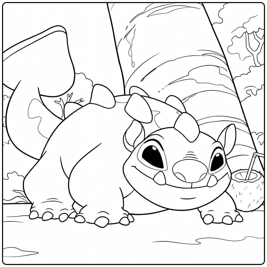 Stitch Experimenten Kleurplaat met een klein wezen met grote ogen en stekels dat op zijn buik ligt naast een boomstam