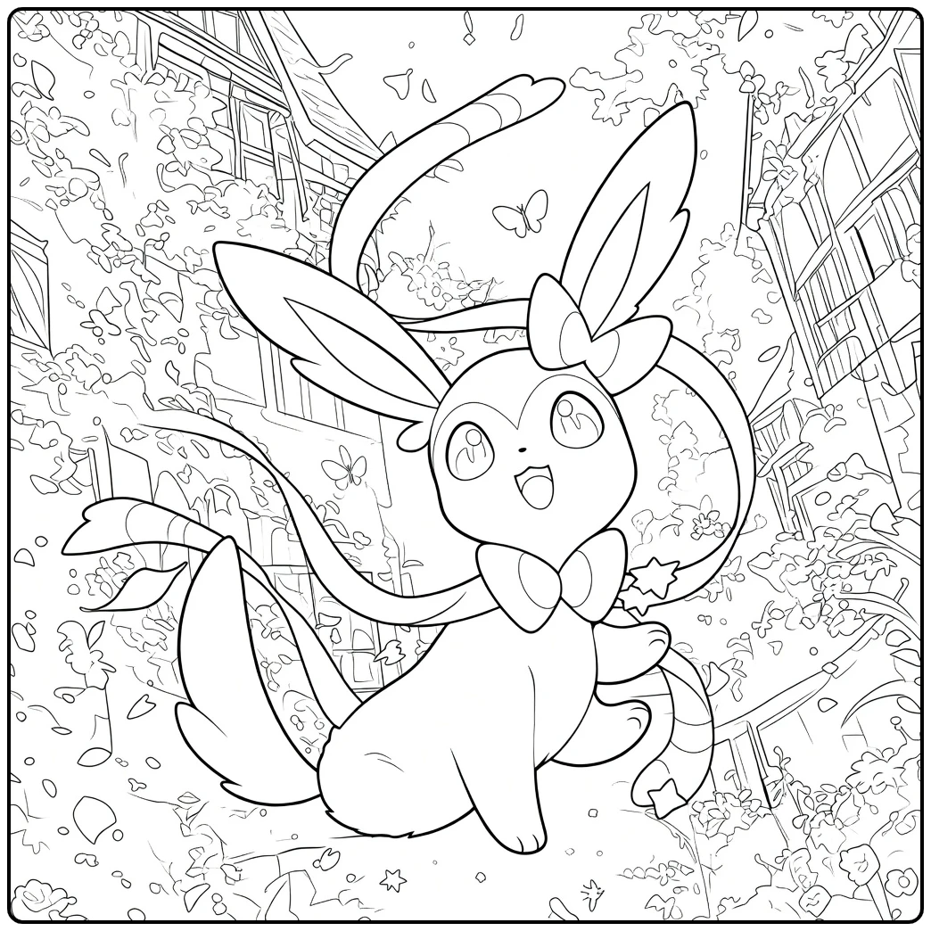 Sylveon Kleurplaat met een staand wezen met grote oren en uitwaaiende linten