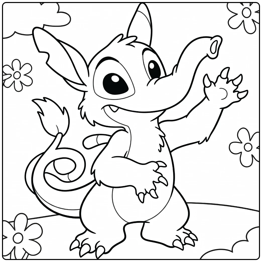 Stitch Experimenten Kleurplaat van een wezen met grote oren dat zijn arm opsteekt