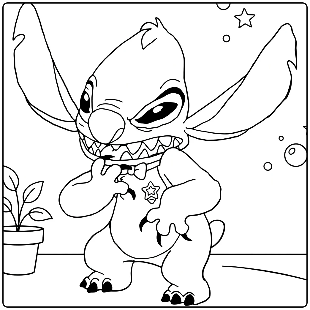 Experiment 627 Kleurplaat van een bipedale figuur met grote oren en een brede grijns