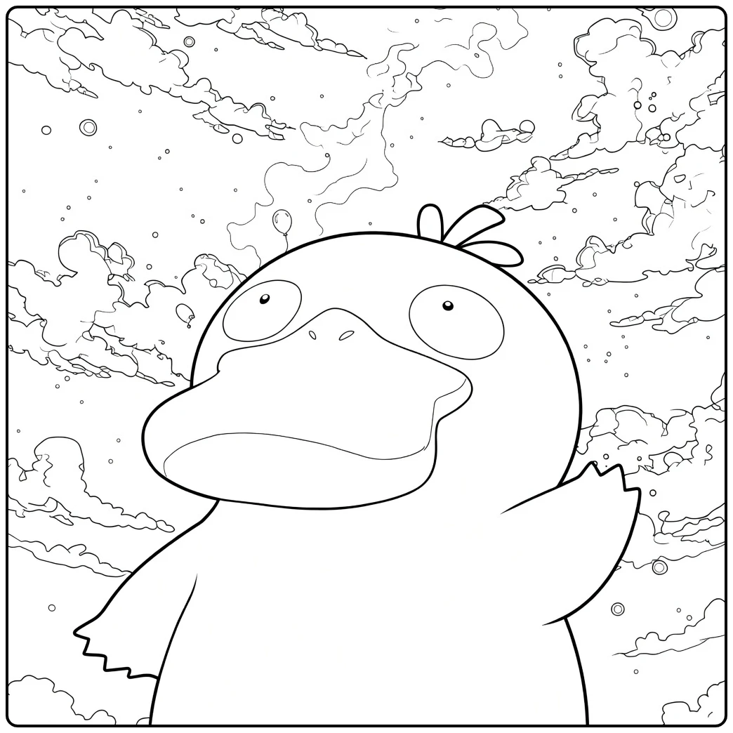 Psyduck Kleurplaat van een rond dier met platte snavel dat omhoog kijkt naar sterren en een komeet