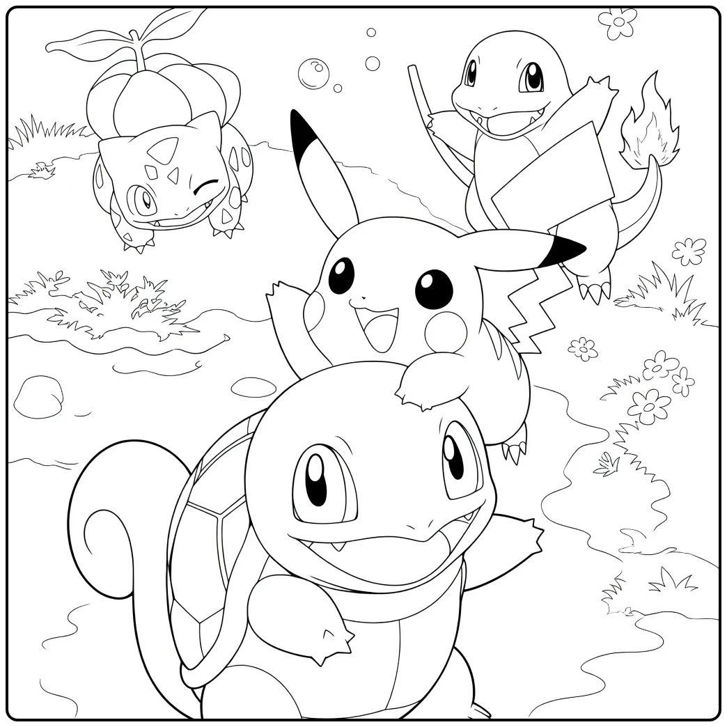 Pokemon Kleurplaat met gele en blauwe wezens onder regenbuien en modderige grond