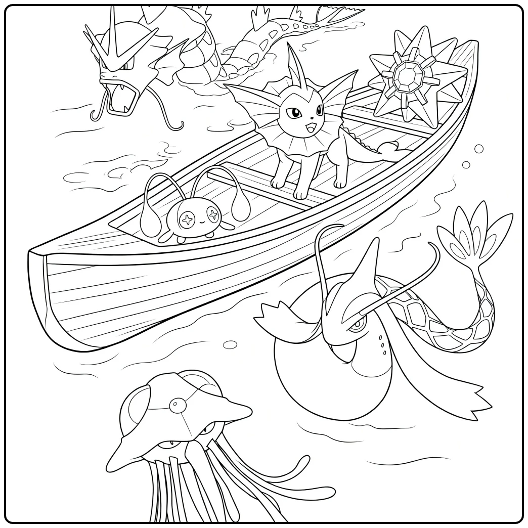 Pokemon Kleurplaat met diverse wezens rond een houten boot op het water
