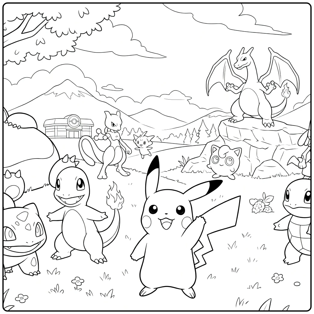 Groep fantasiewezens in verschillende poses op een grasveld met bergen en rotsen Pokemon Kleurplaat
