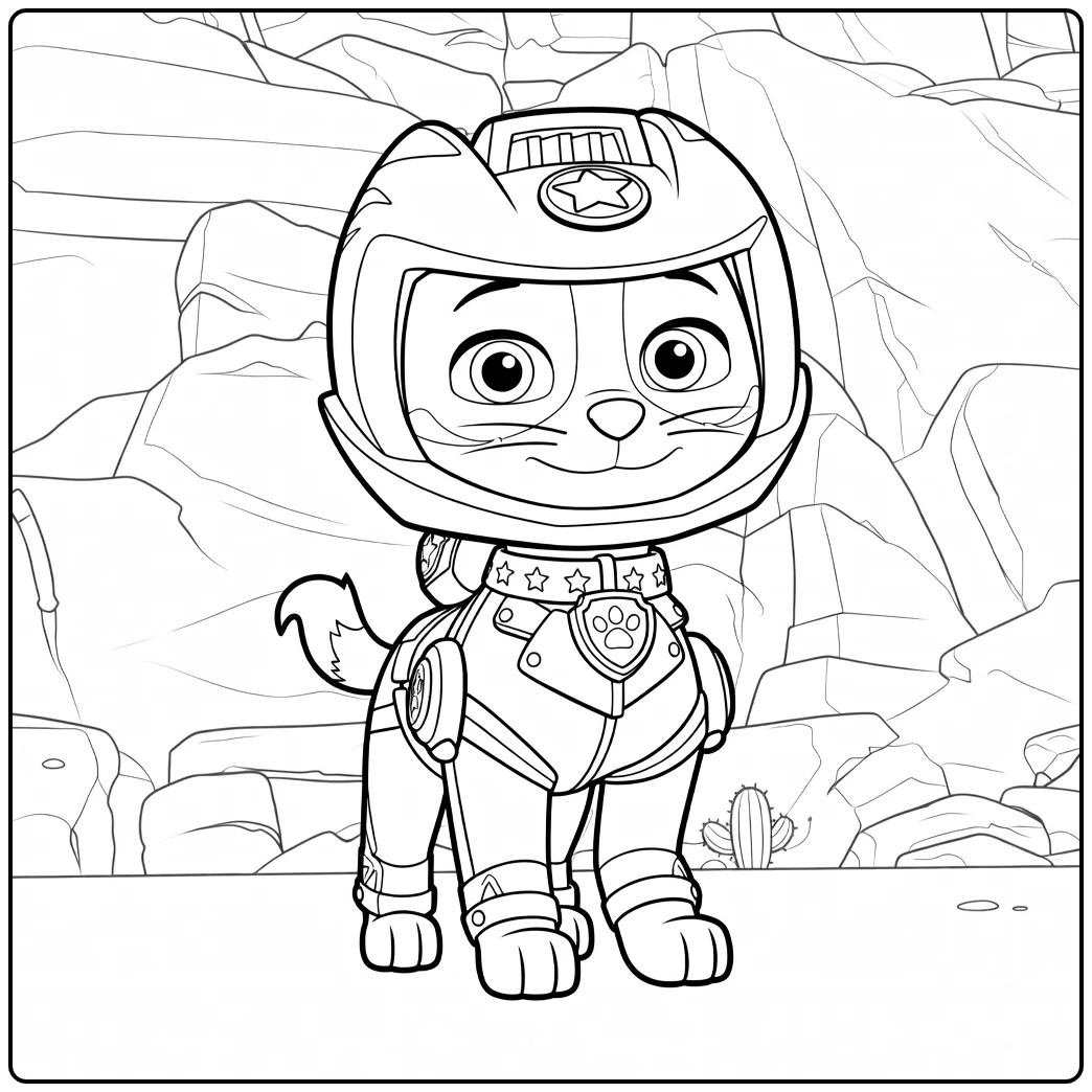 Anthropomorfe kat met helm en rood-zwart uniform op vier poten wild cat paw patrol kleurplaat
