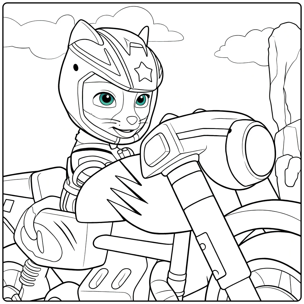 Anthropomorfe wilde kat zittend op motorfiets met helm wild cat paw patrol kleurplaat