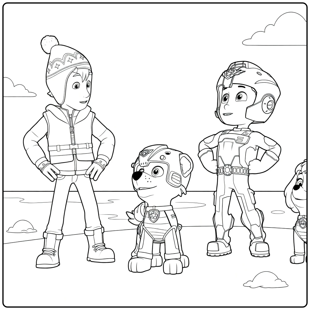 Paw Patrol Seizoen 4 Kleurplaat met drie figuren in winterkleding en pakken op sneeuwgrond.
