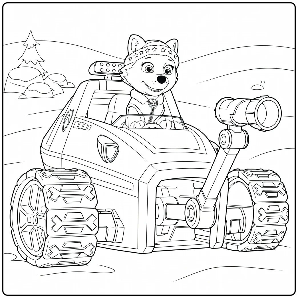 Anthropomorfe wolf met winterhoed in rupsvoertuig met kanon Paw Patrol Seizoen 9 Kleurplaat