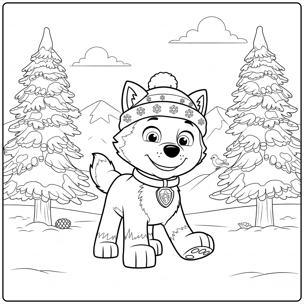Paw Patrol Seizoen 2 kleurplaat met een wolf pup in de sneeuw naast dennenbomen