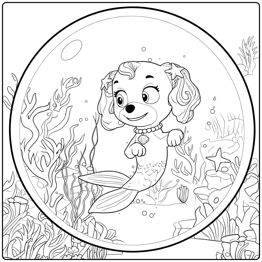 coral paw patrol kleurplaat van een antropomorfe hond met vissenstaart in een bubbel tussen koraal en zeewier