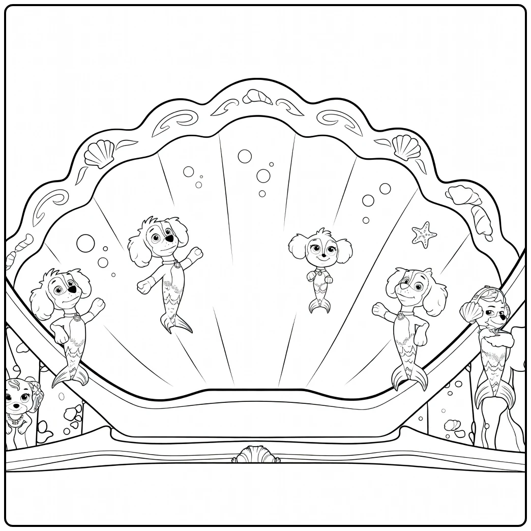 Paw Patrol Seizoen 9 Kleurplaat met antropomorfe honden met zeemeerminstaarten rond een centrale schelp.