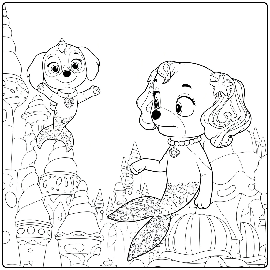 Twee antropomorfe honden met zeemeerminstaarten bij spiraled torens en bubbels coral paw patrol kleurplaat