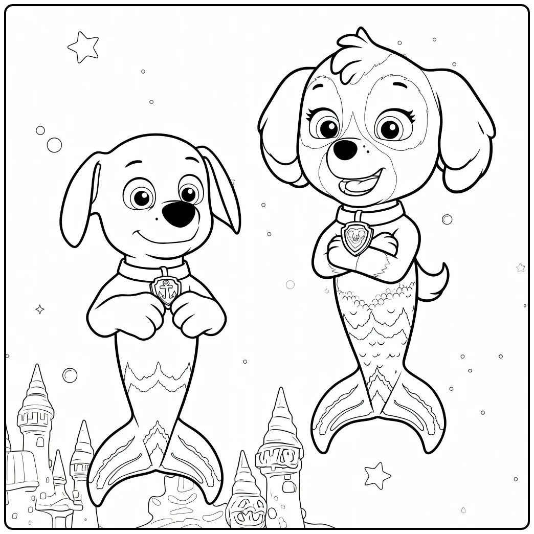 Twee hondachtige zeemeerminnen met schubbenstaarten en kettingen naast elkaar Paw Patrol Seizoen 9 Kleurplaat