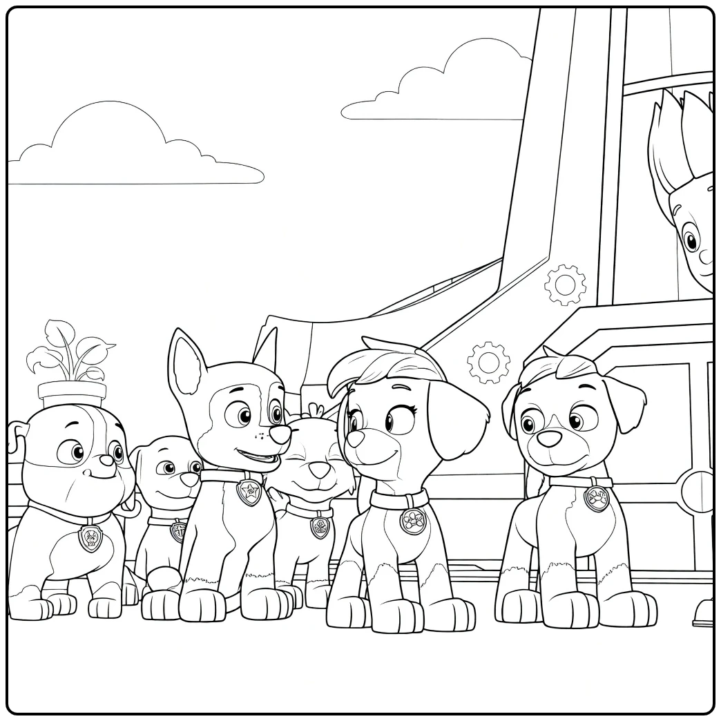 Paw Patrol Seizoen 11 Kleurplaat met zes cartoonhonden zittend in een rij met gebouw op de achtergrond