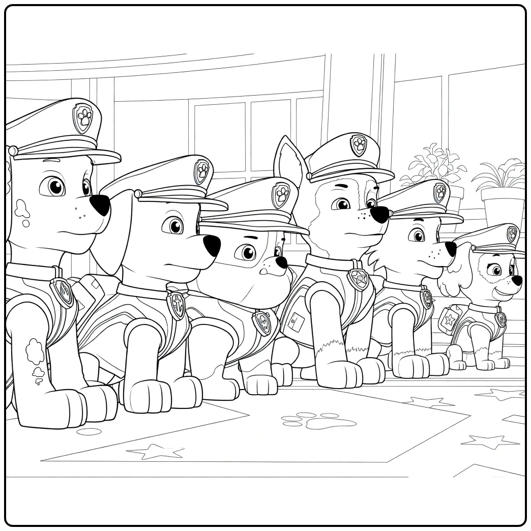 Paw Patrol Seizoen 5 Kleurplaat met zes honden in uniformen die naast elkaar zitten