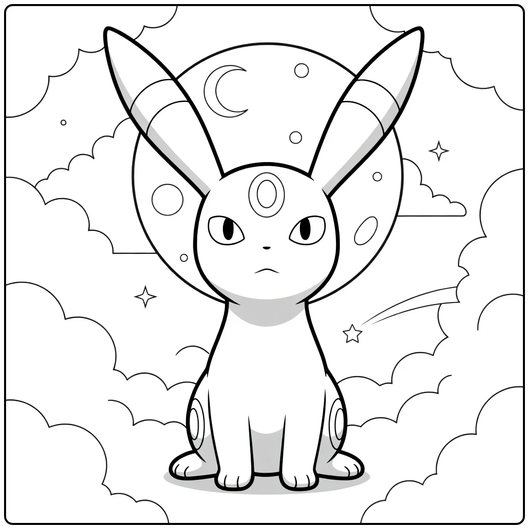 Umbreon Kleurplaat van een zittend zwart dier met grote oren en gele banden voor de maan