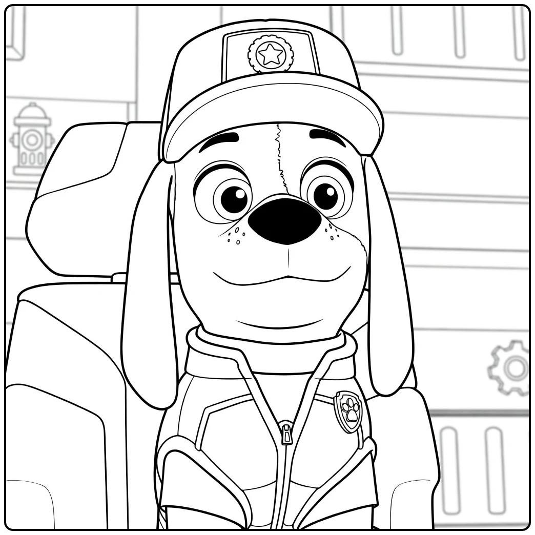 al paw patrol kleurplaat van een zittende hond met rode pet en zilveren jas