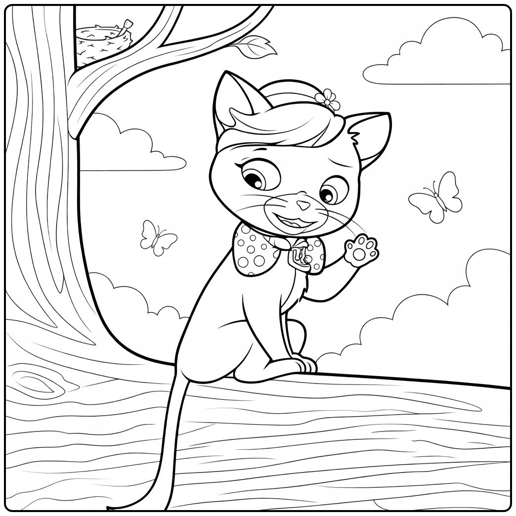 Zwarte kat zittend met opgeheven poot en paarse hoed met strik shade paw patrol kleurplaat