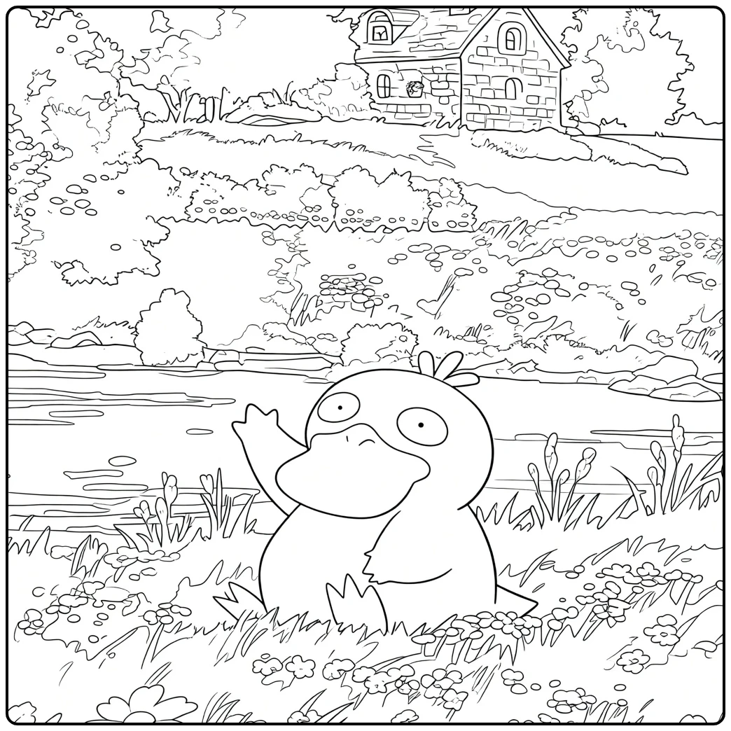 Psyduck Kleurplaat van een plomp dier met grote ogen en platte snavel zittend op gras met geheven arm en rivier erachter