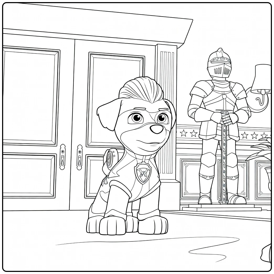 Antropomorfe hond in blauw zilveren pak met rood hartembleem en rugzak Paw Patrol Seizoen 6 Kleurplaat