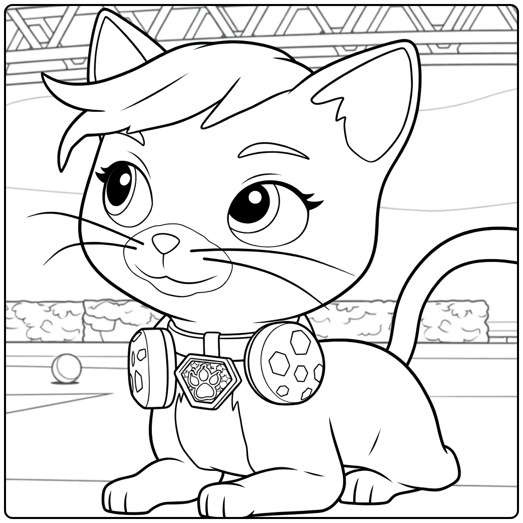 Zittende zwarte kat met paarse haarpluim en gele ogen voor een brug shade paw patrol kleurplaat