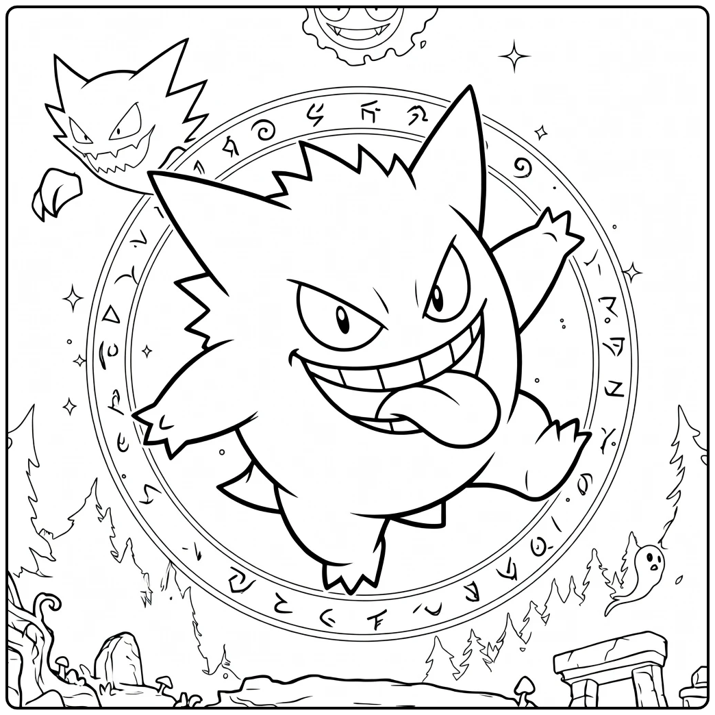 Gengar Kleurplaat van een zwevend wezen met uitgestrekte armen en tong