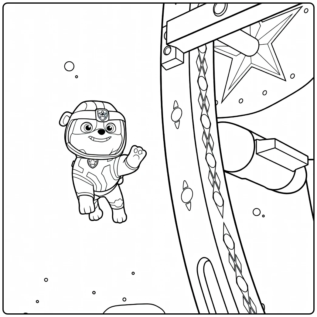 Paw Patrol Seizoen 5 Kleurplaat van een antropomorfe hond in ruimtekostuum die met geheven arm zweeft