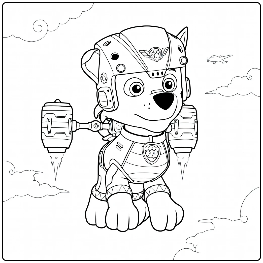Antropomorfe hond met helm en straalmotoren zwevend Paw Patrol Seizoen 3 kleurplaat